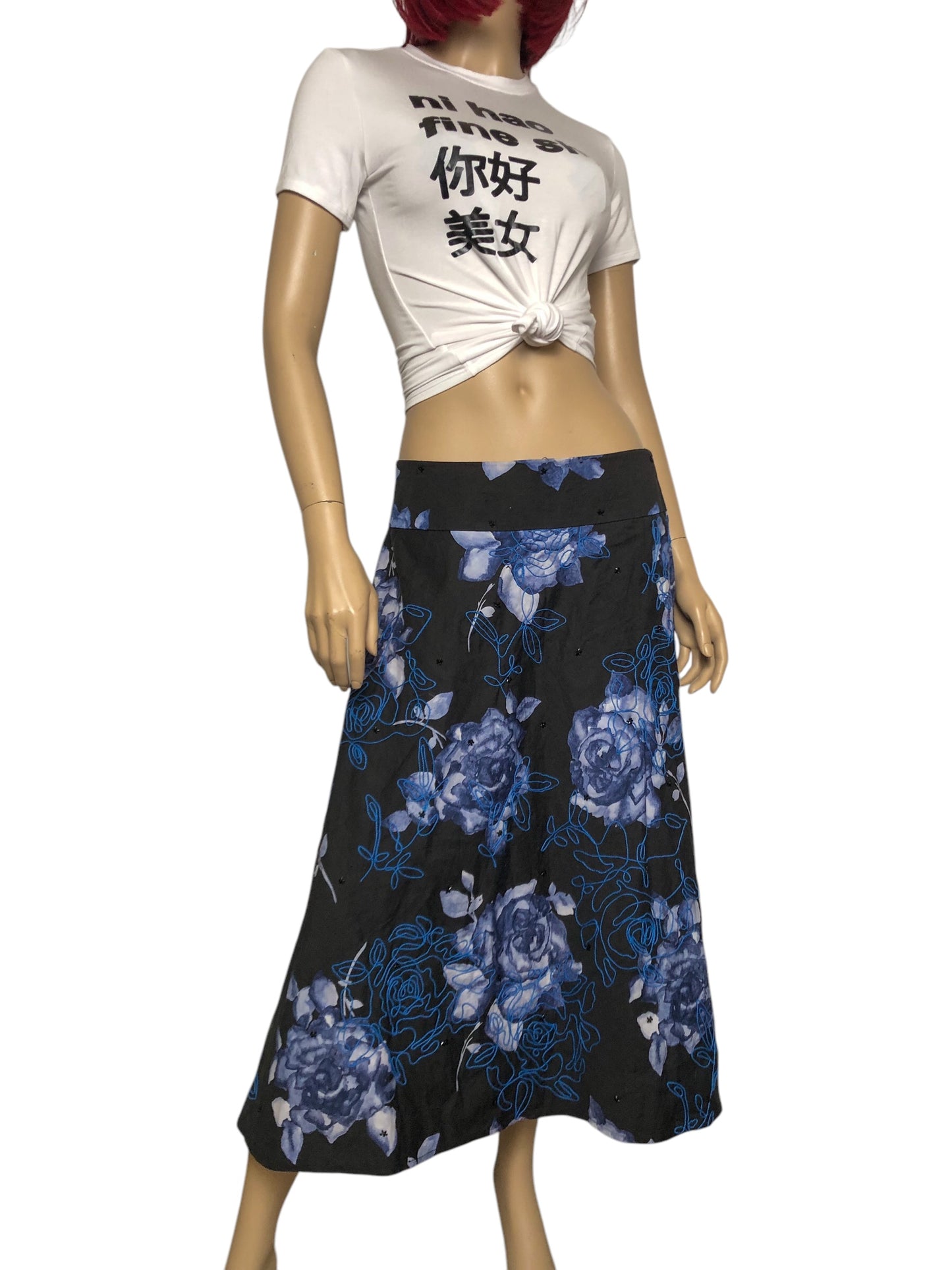 90’s/Y2K Grace Elements Black and Blue Floral Watercolor A-Line Skirt (M)
