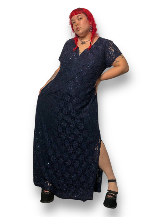 Y2K Connected Navy Blue Floral Lace Evening Dress (3X)