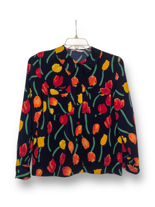 70’s/80’s Rèitre Navy Blue Floral Print Blouse (M)