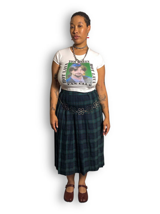 80’s Requirements Green Tartan Plaid Pleated Midi Skirt (XL)