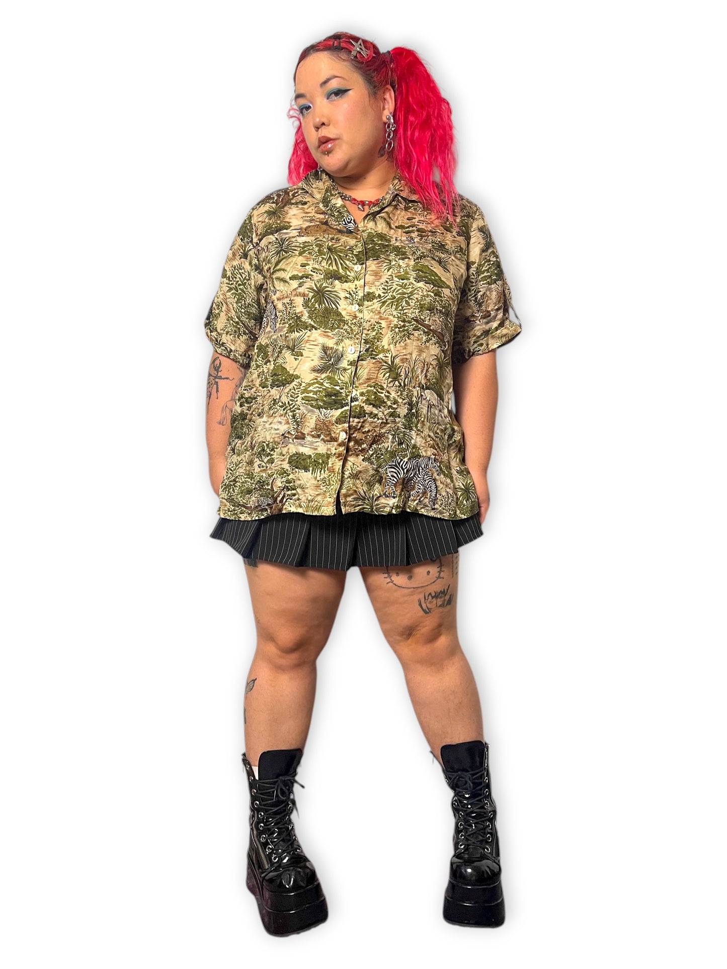 90’s Anna and Frank Tan and Green Safari Print Blouse (2X/3X)