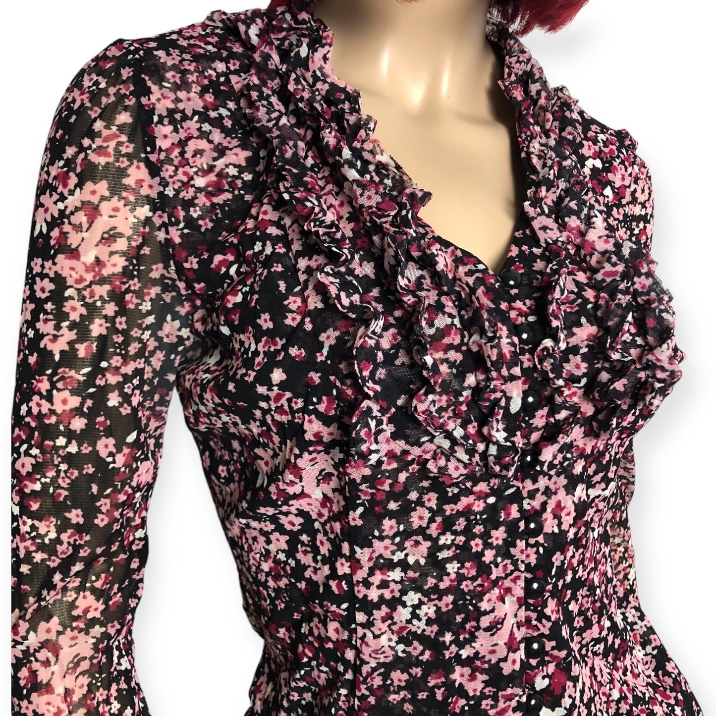 90’s INC International Concepts Black and Pink Floral Print Mesh Blouse (M)
