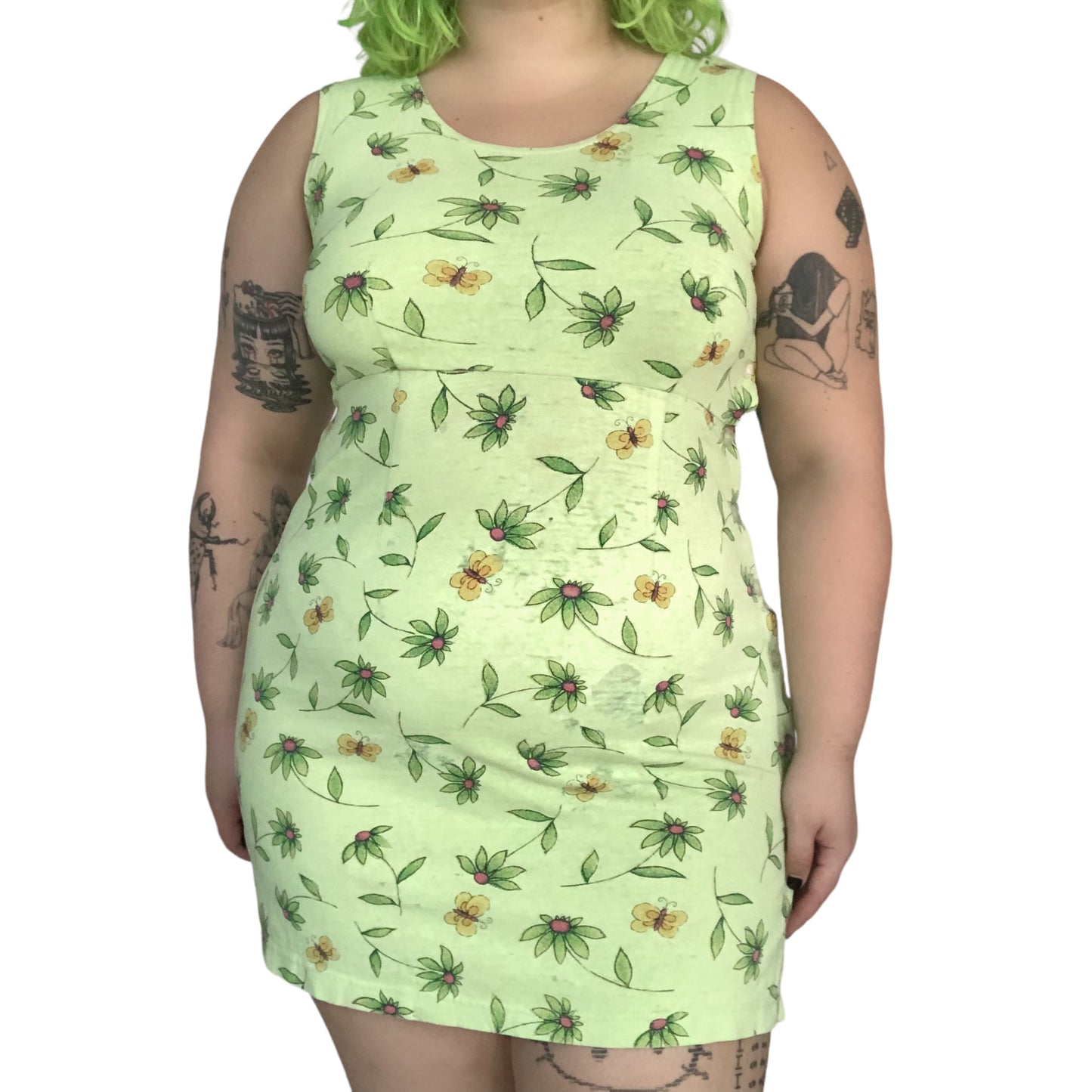 90’s Basic Editions Highlighter Green Floral Print Mini Dress (L)