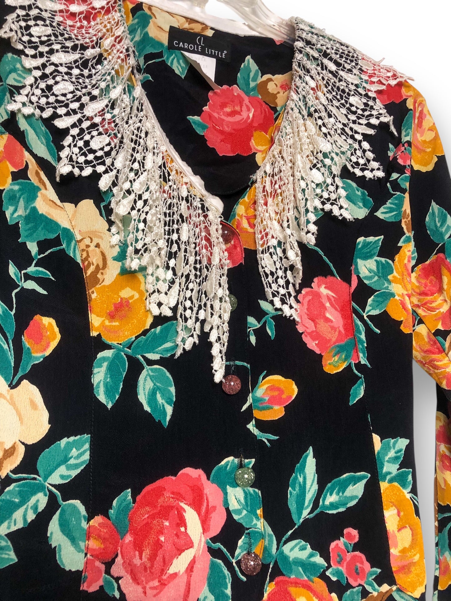 90’s Carole Little Black Floral Print Blouse (M)