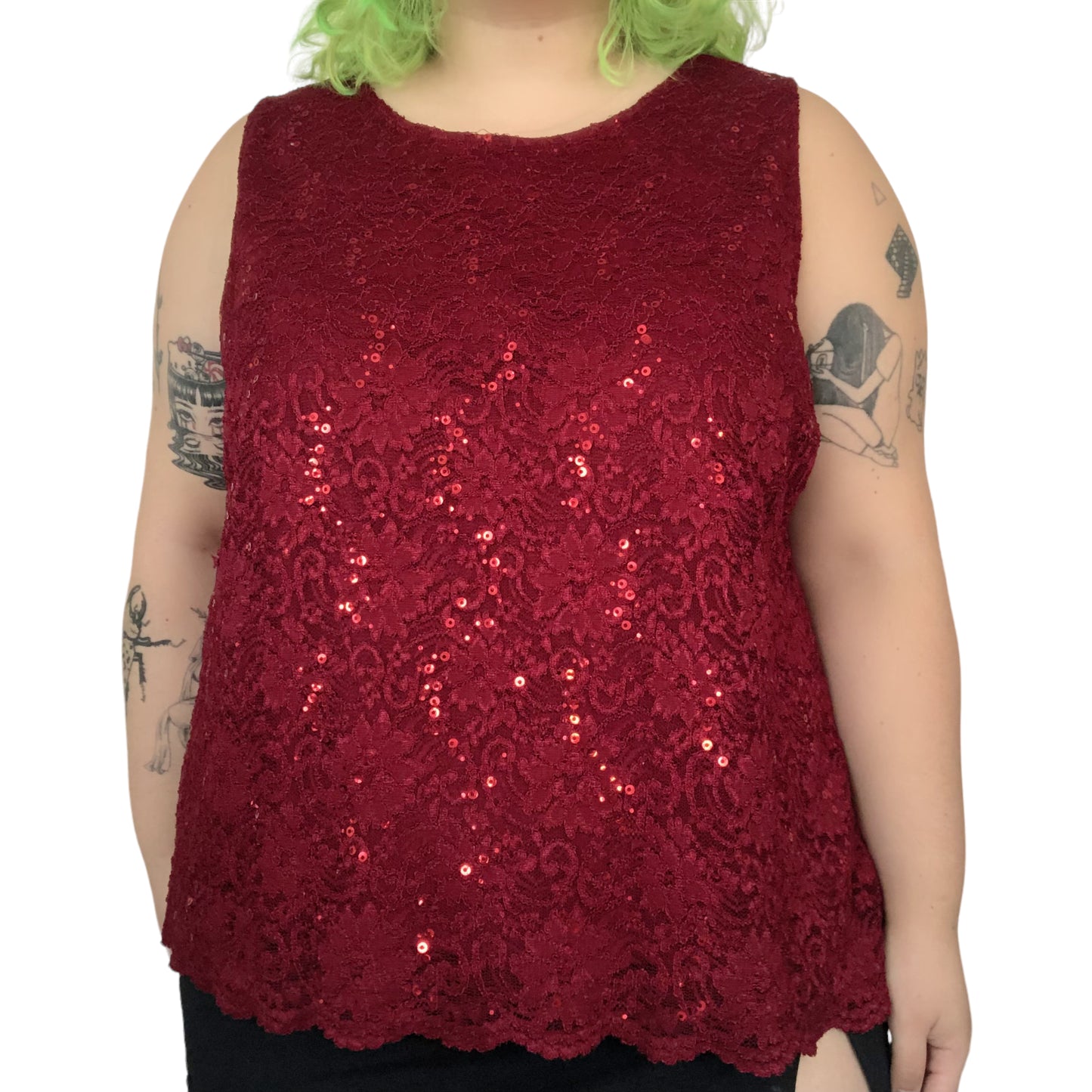 Y2K Catherine’s Wine Red Floral Lace Tank Top (3X)