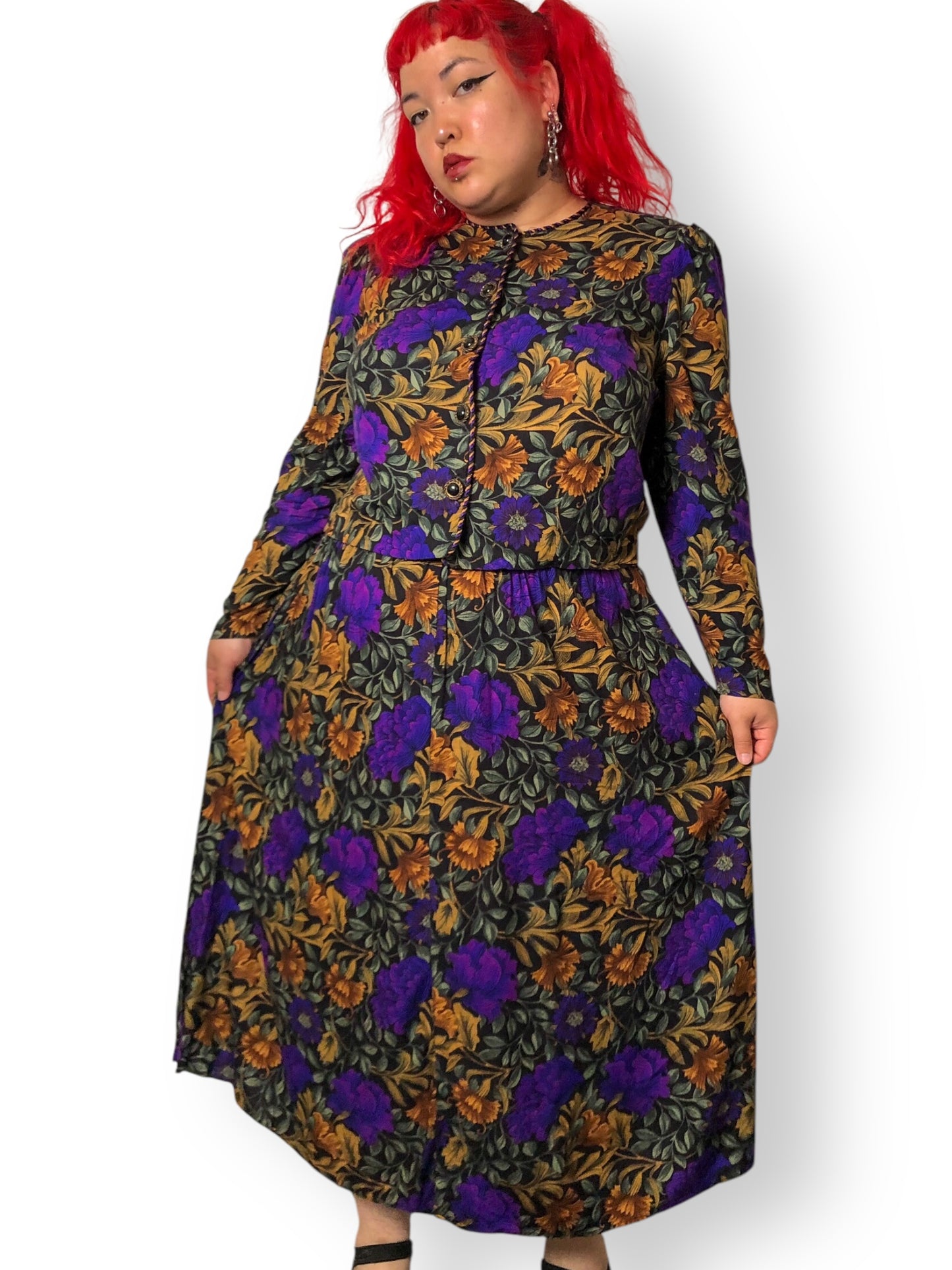 80’s Jessica Howard by Mitchell Rodbell Black Floral Print 2-Piece Set (2X)