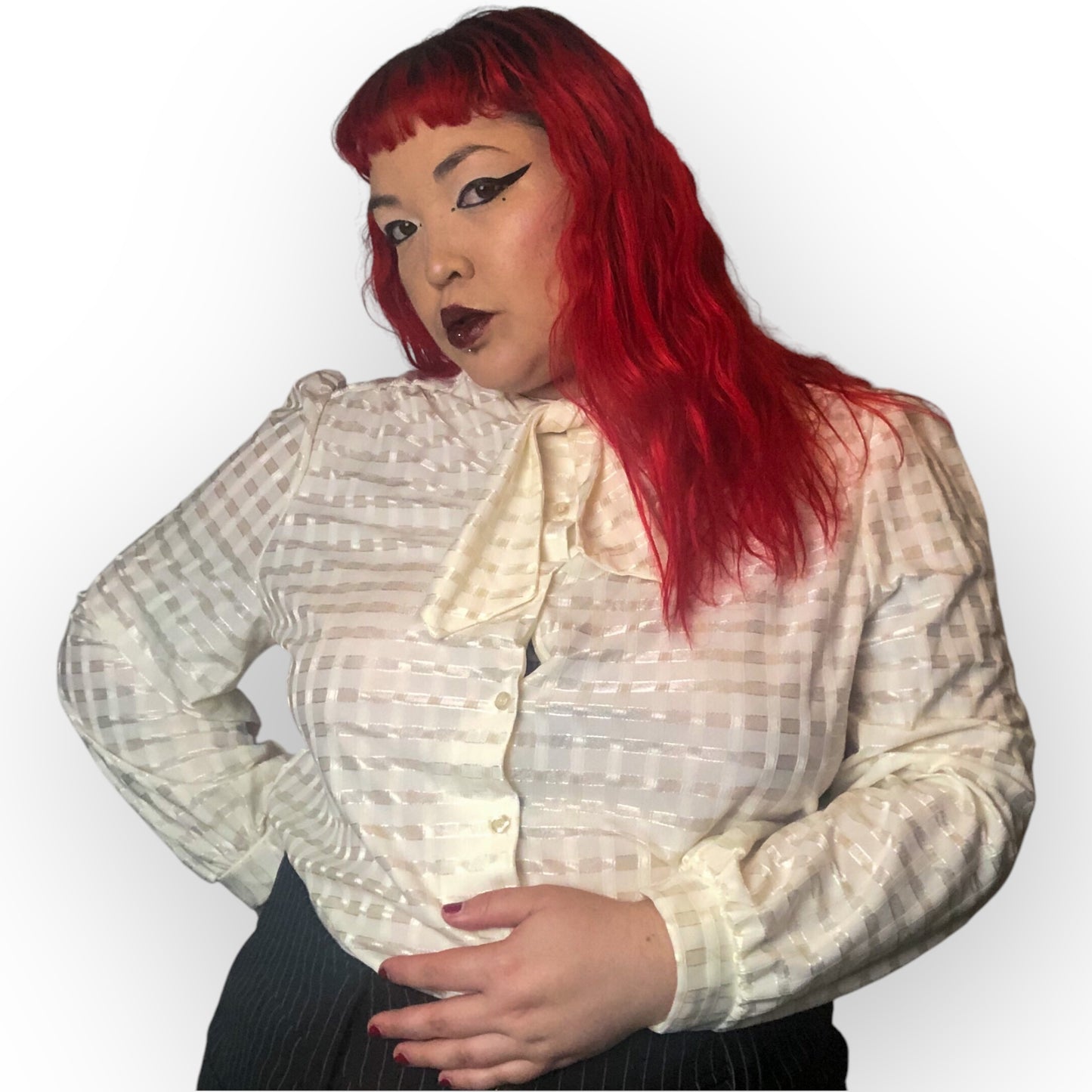 60’s/70’s Lady Queen Shiny White Gingham Blouse (L/XL)