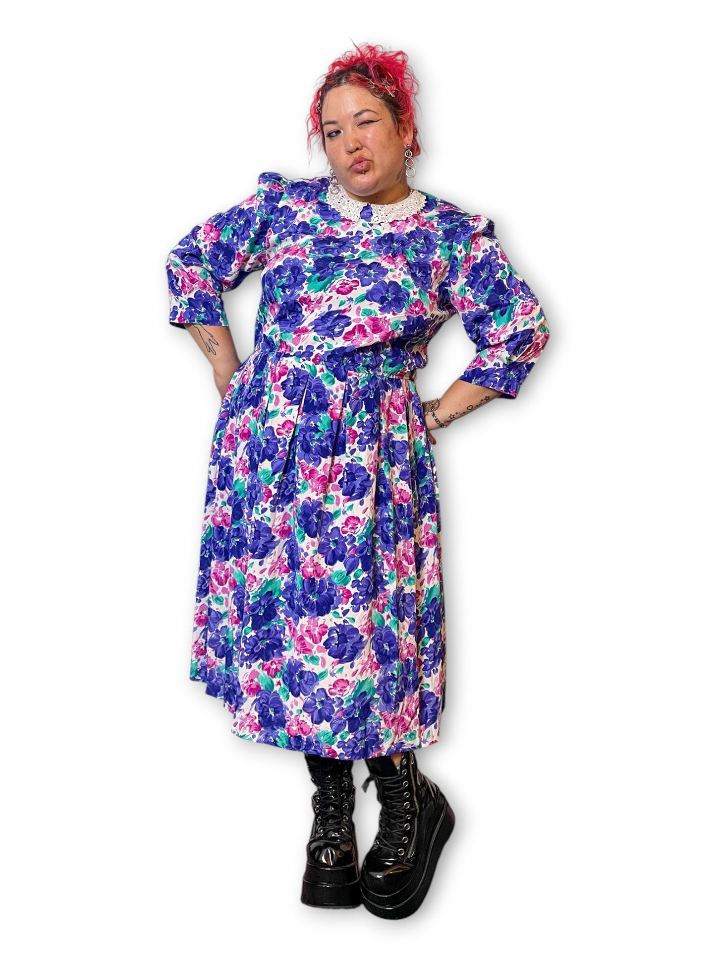 80’s Retro Floral Pleated Dress (1X/2X)