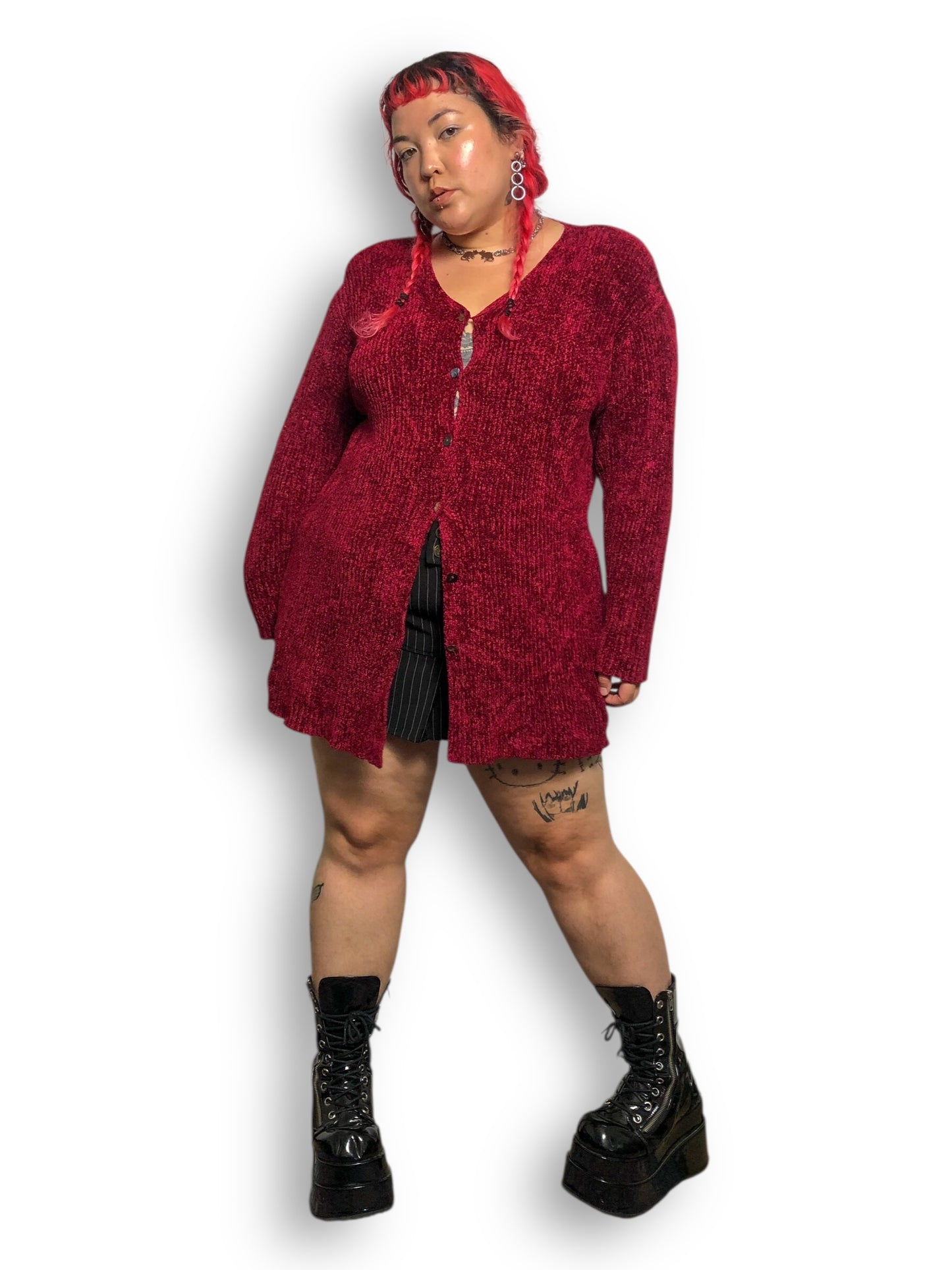 90’s/Y2K Valerie Stevens II Wine Red Knit Cardigan Sweater (XL)