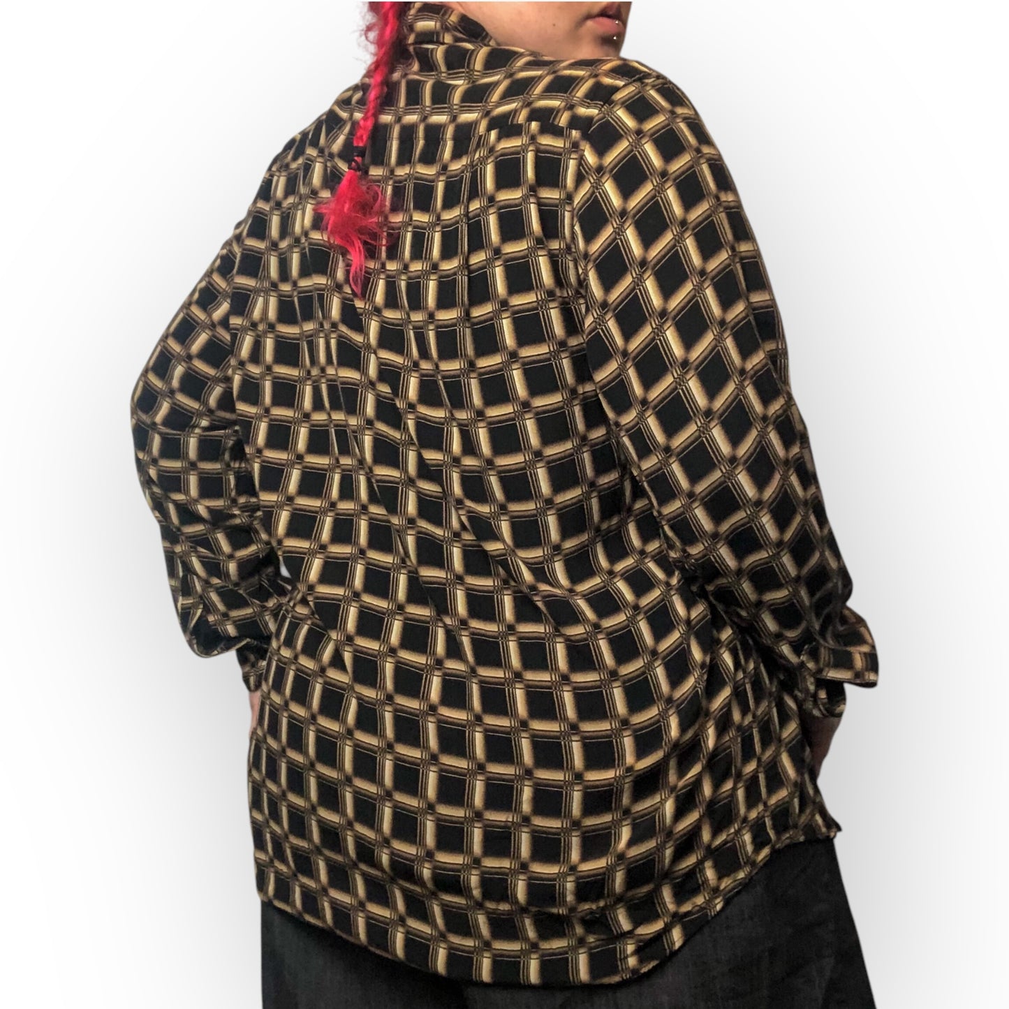 90’s/Y2K Claiborne Black and Brown Retro Grid Print Button Down Shirt (XL/2X)