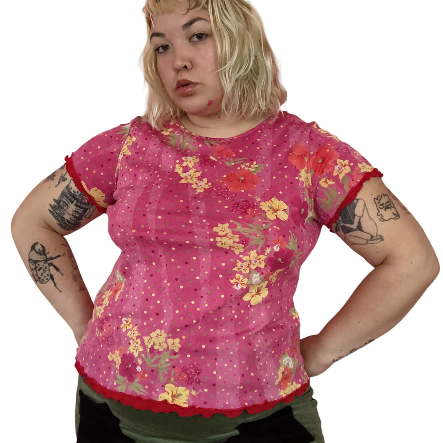 90's Kikit Pink Floral Polka Dot Mesh Layered Top (L)