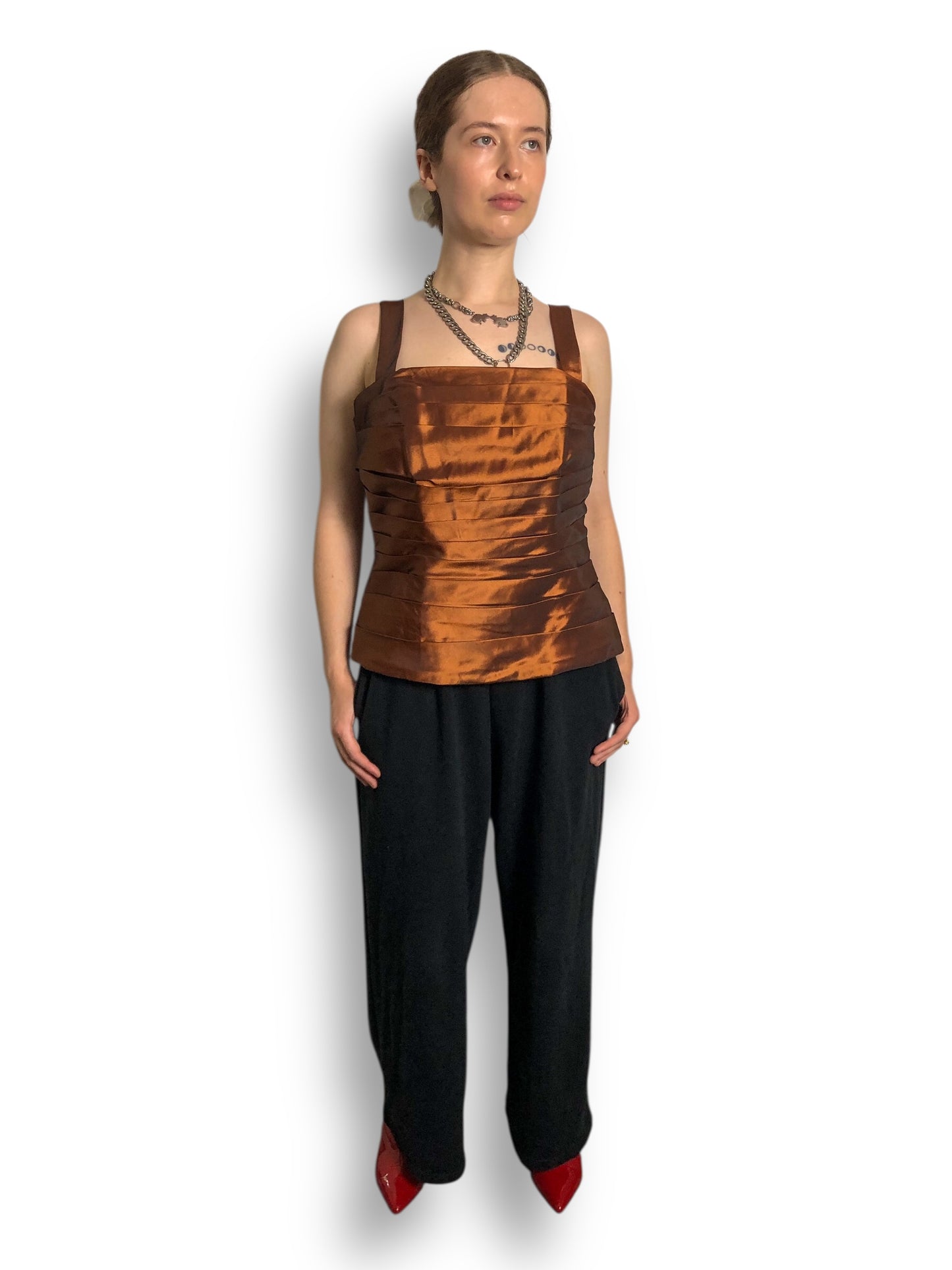 90’s Alfred Angelo Shiny Brown Pleated Tank Top (L)