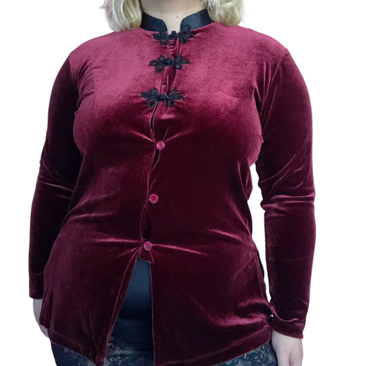 90’s/Y2K Wine Red Velvet Long Sleeve Shirt (L/XL)