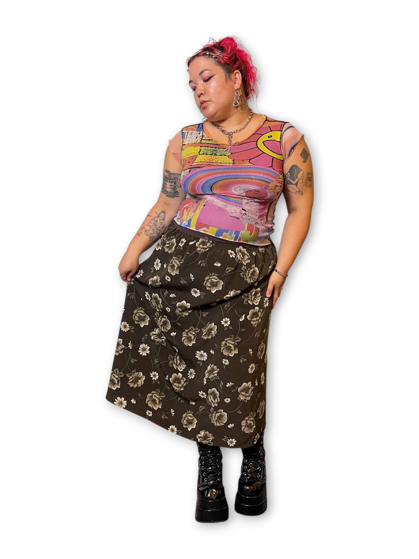 90’s Brown Floral Print Skirt (L/XL/1X)