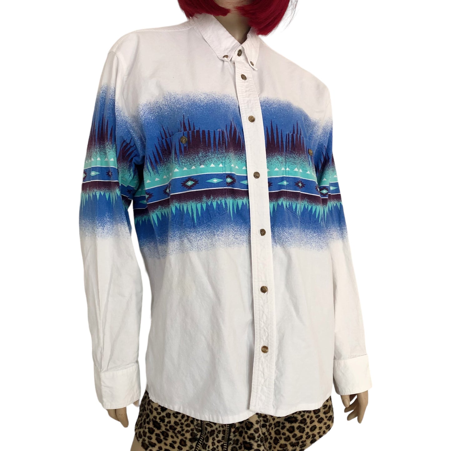 80’s Express Rider White Southwestern Print Long Sleeve Shirt (XL)