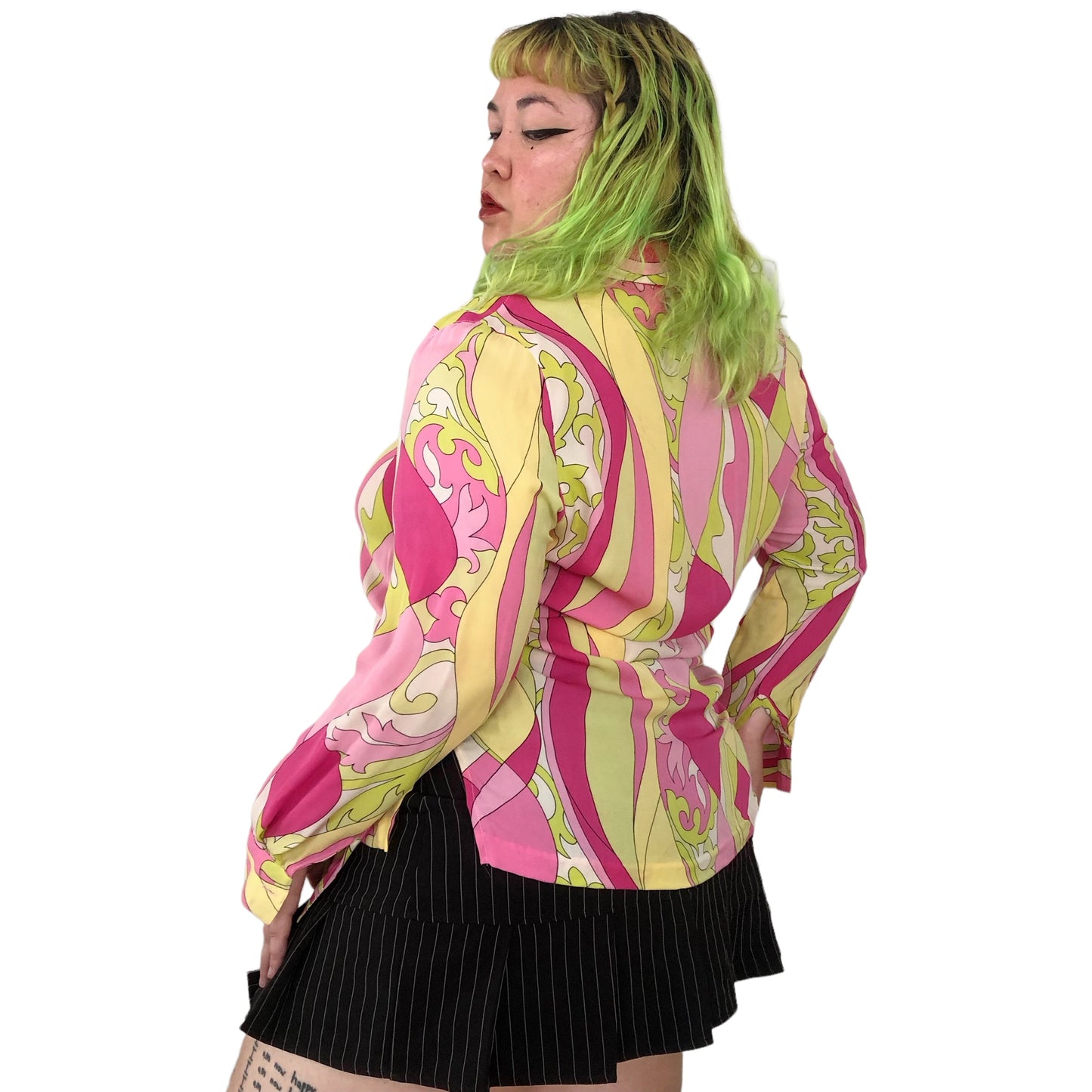 90’s Draper’s & Damon’s Pink and Green Retro Print Blouse (XL)