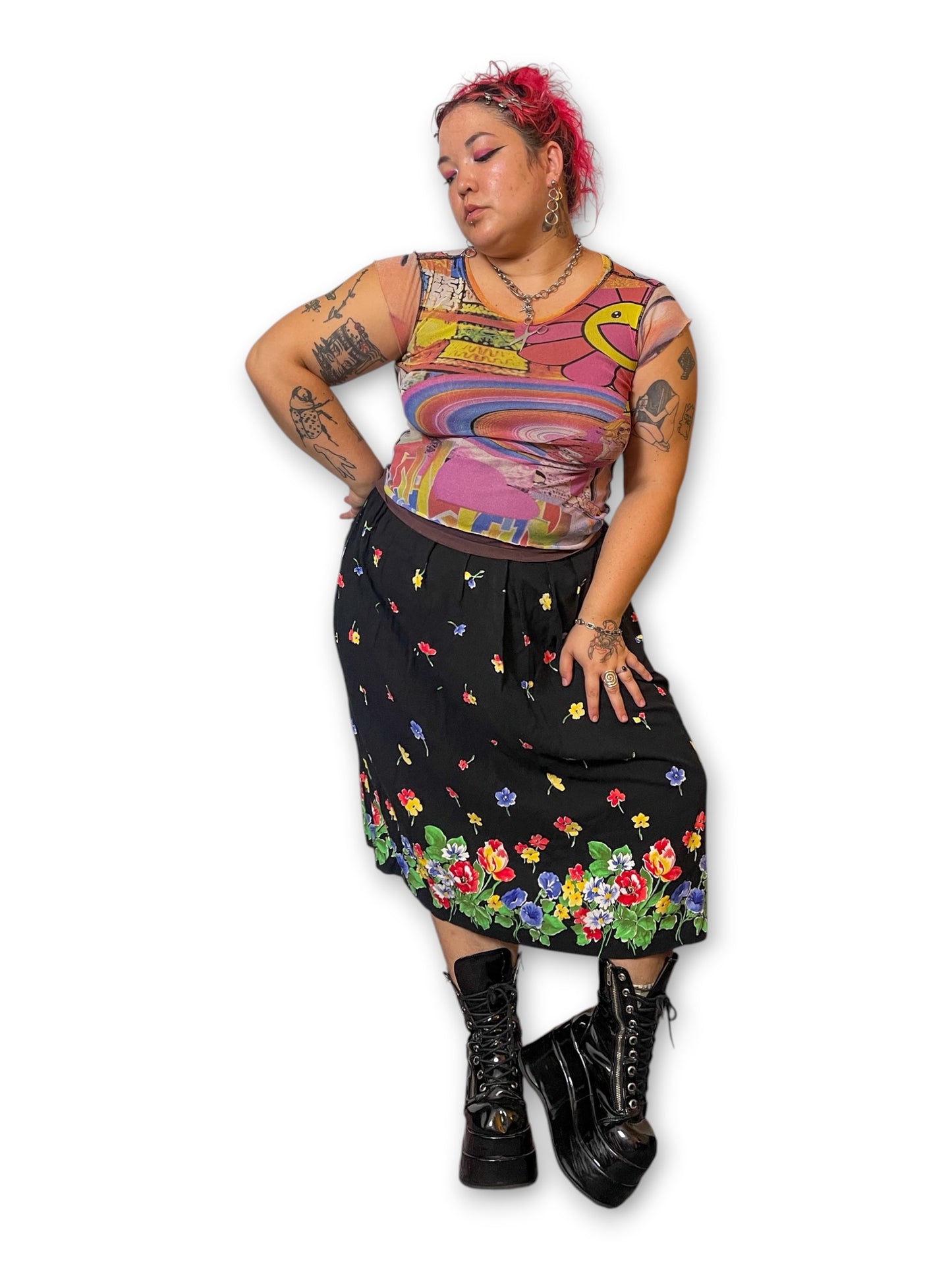 90’s/Y2K Black Floral Print Skirt (XL/1X)
