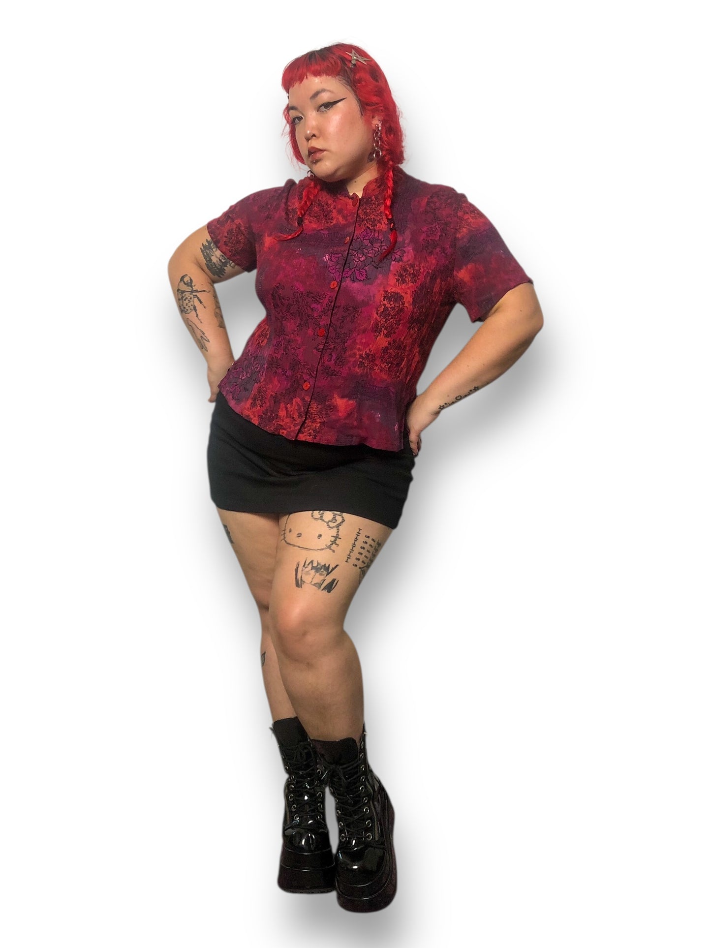 Y2K Red Floral Print Blouse (XL)