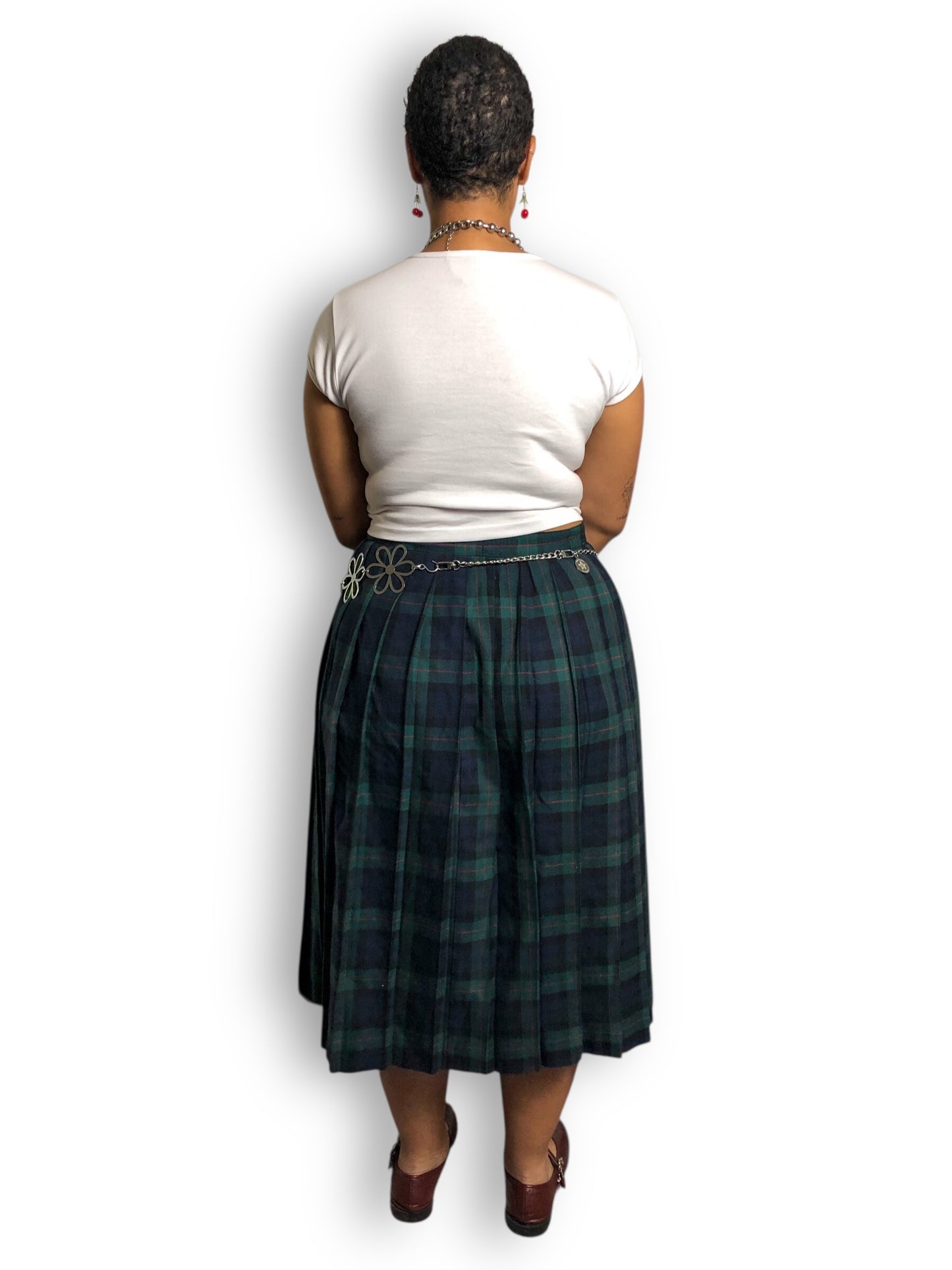 80’s Requirements Green Tartan Plaid Pleated Midi Skirt (XL)