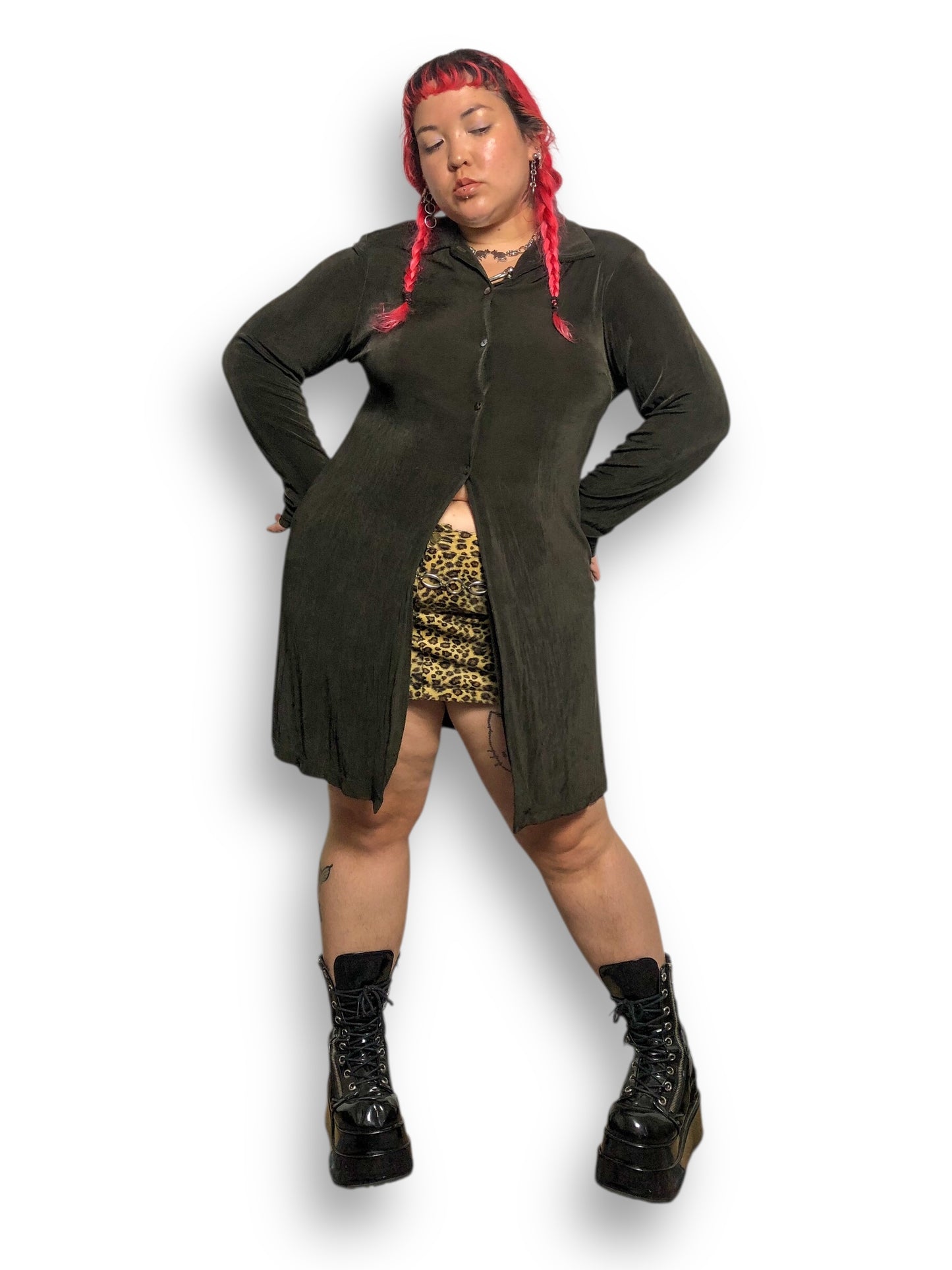 90’s Ronni Nicole II by Ouida Olive Green Slinky Cardigan (L/XL)