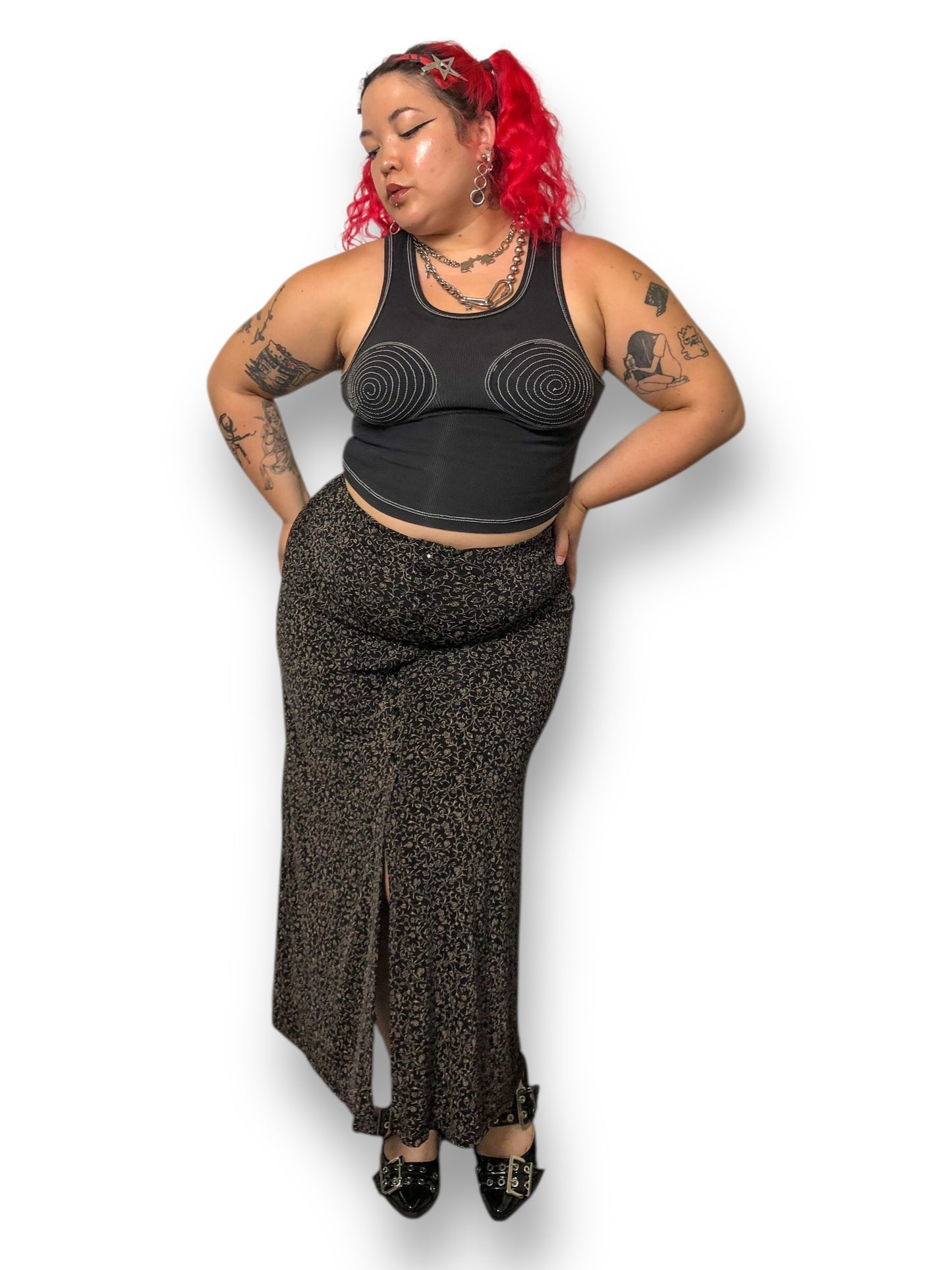 90’s Briggs Black Floral Print Maxi Skirt (L)