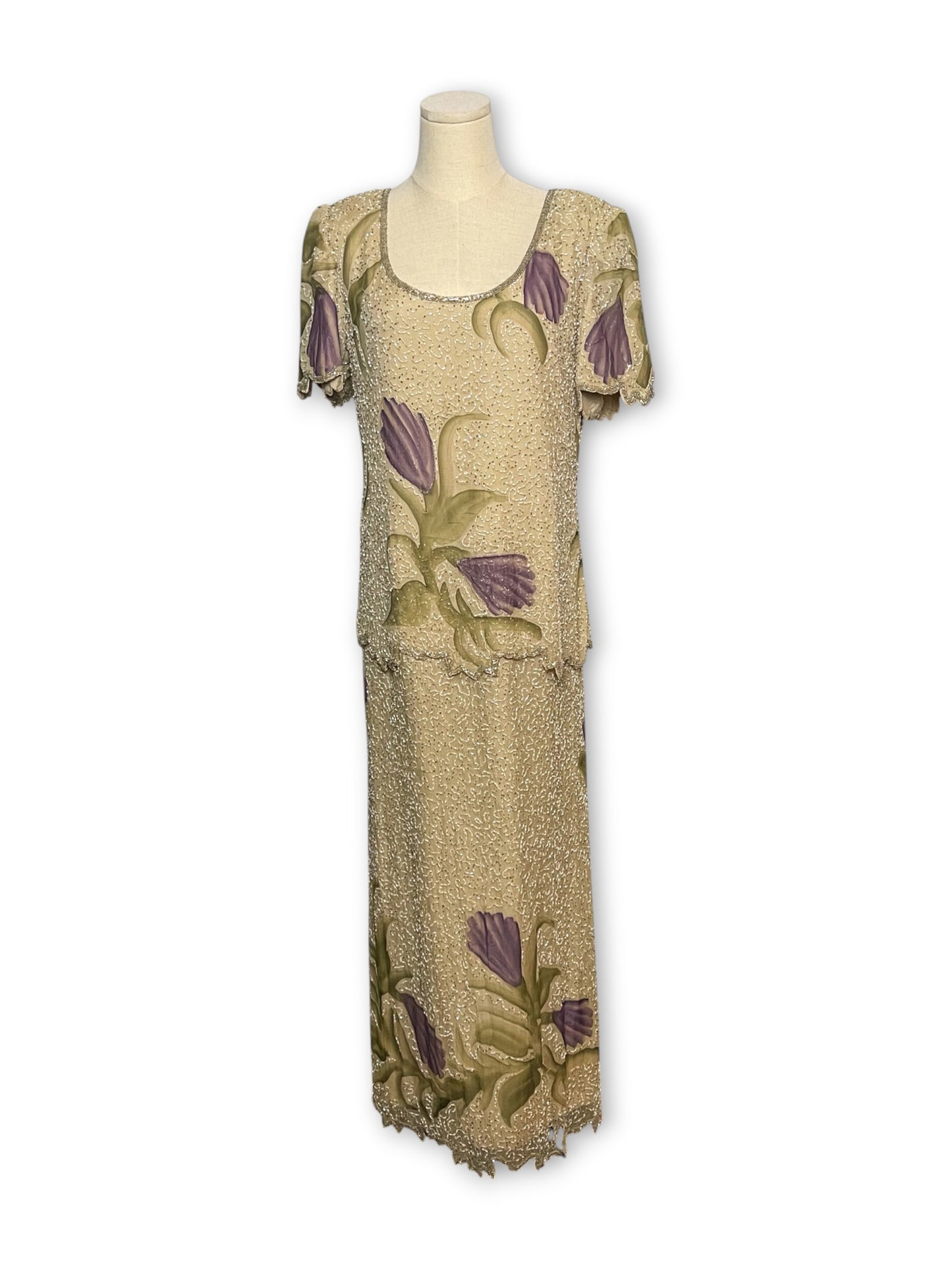 90’s Floral Silk Beaded Layered Dress (M)