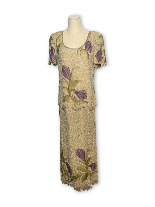 90’s Floral Silk Beaded Layered Dress (M)