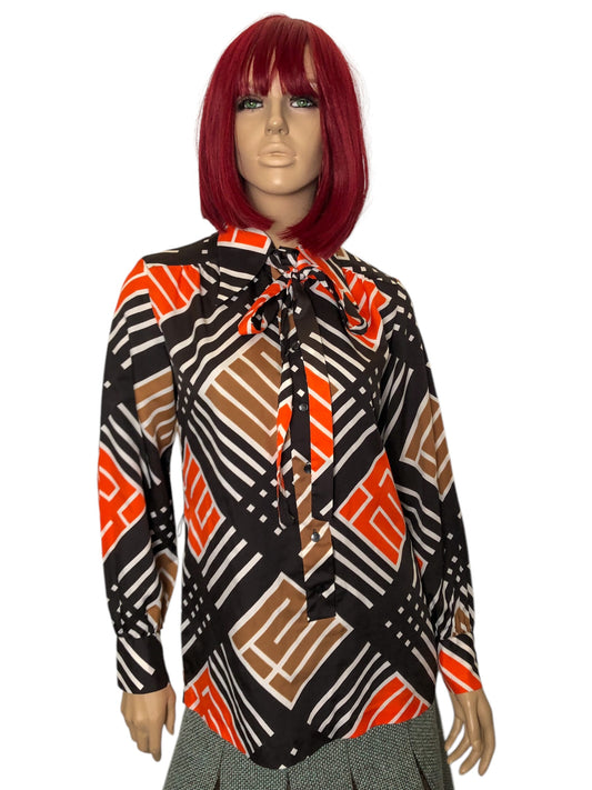 70’s Lady Arrow Retro Geometric Patterned Blouse (L)