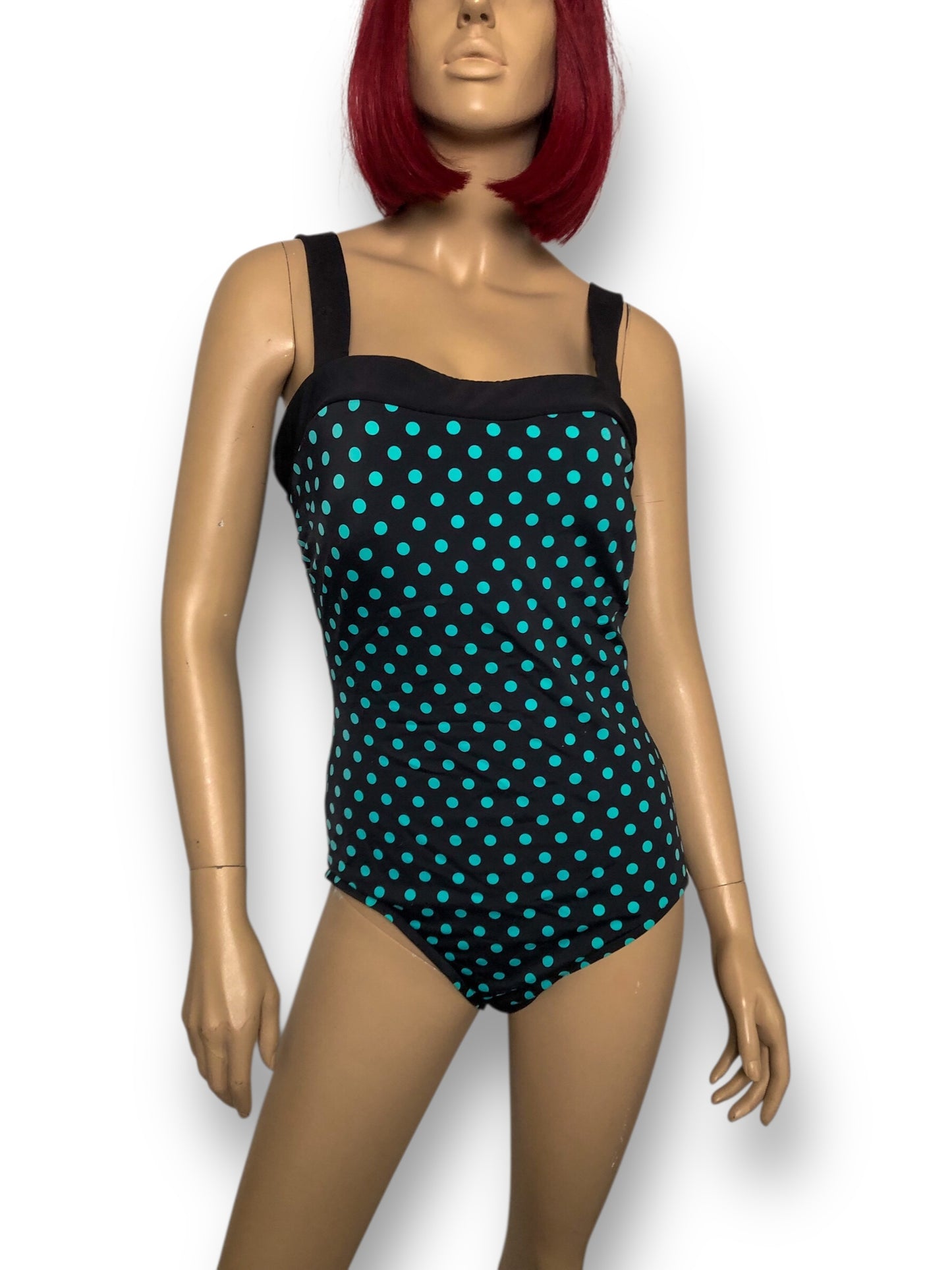 90’s/Y2K INC International Concepts Black and Turquoise Polka Dot Swimsuit (L)