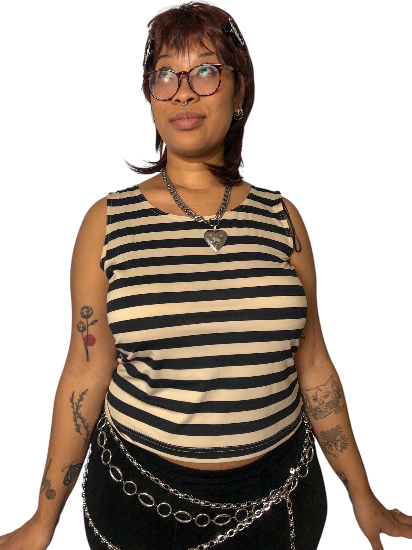 Y2K Draper’s & Damon’s Black and Cream Striped Tank Top (L)