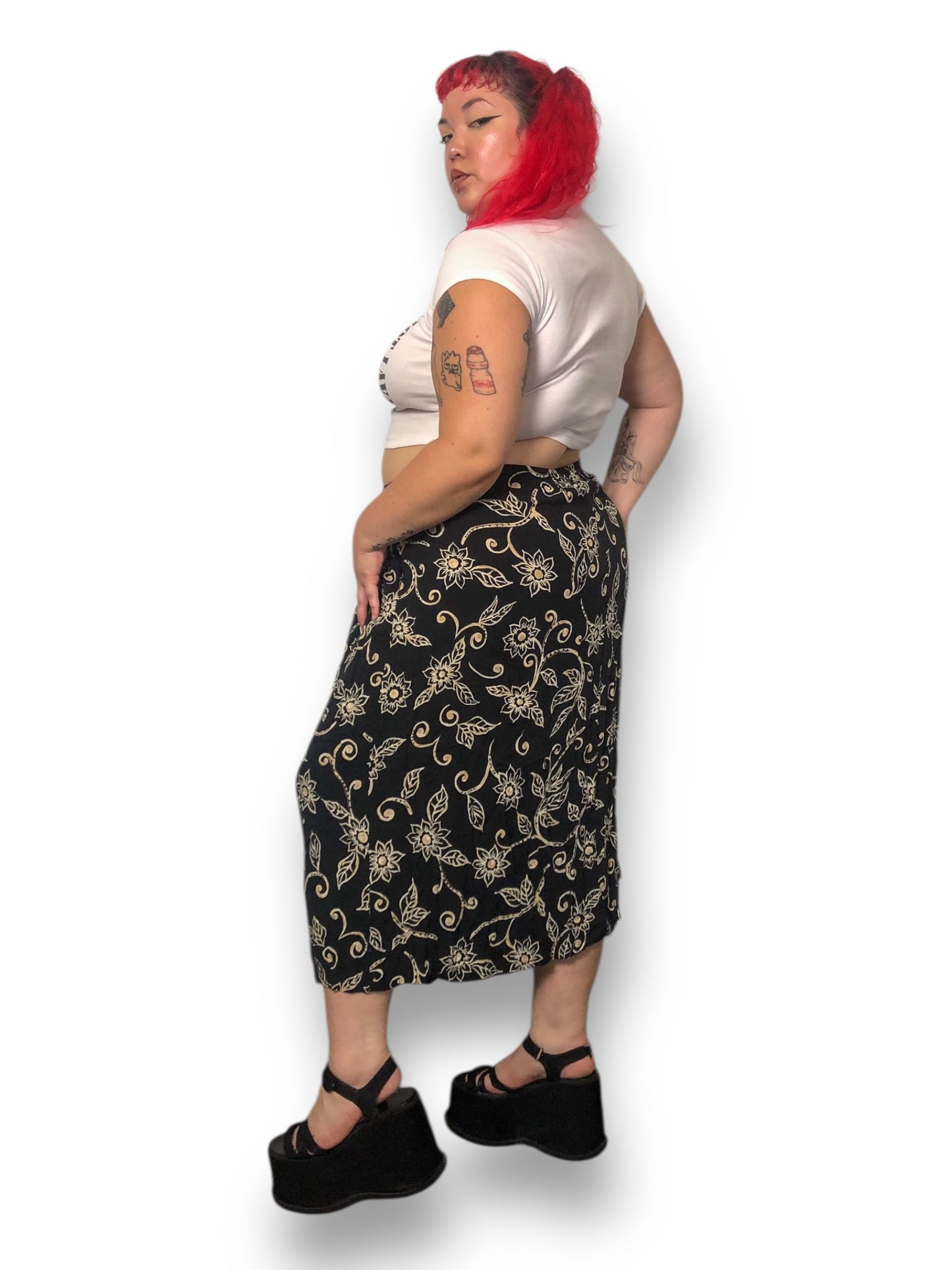 Y2K Sag Harbor Black Floral Print Midi Skirt (2X)