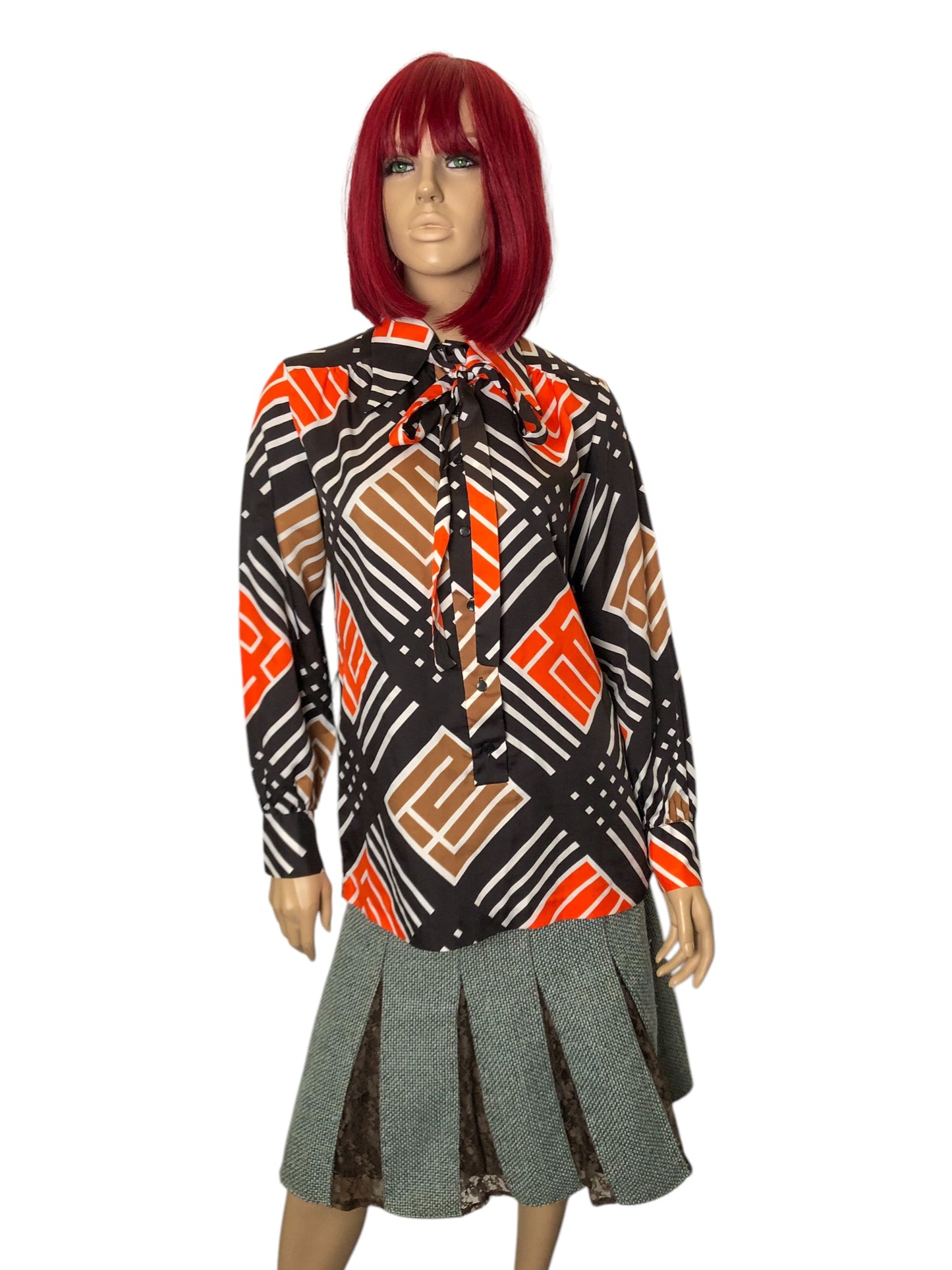 70’s Lady Arrow Retro Geometric Patterned Blouse (L)