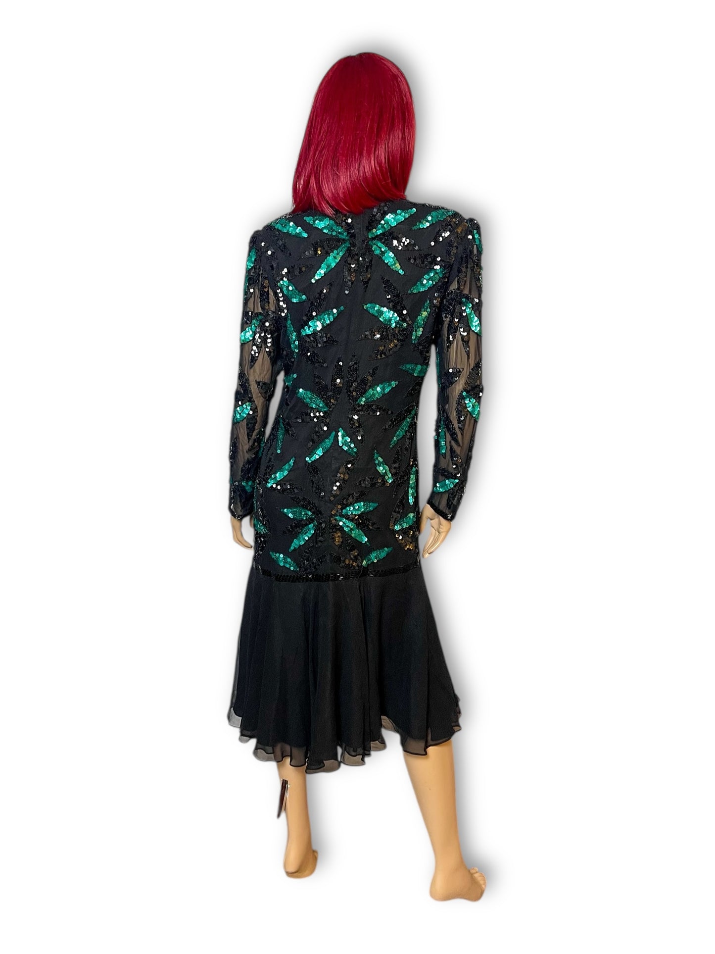 80’s Liz Elana Black and Teal Sequin Cocktail Dress (M)