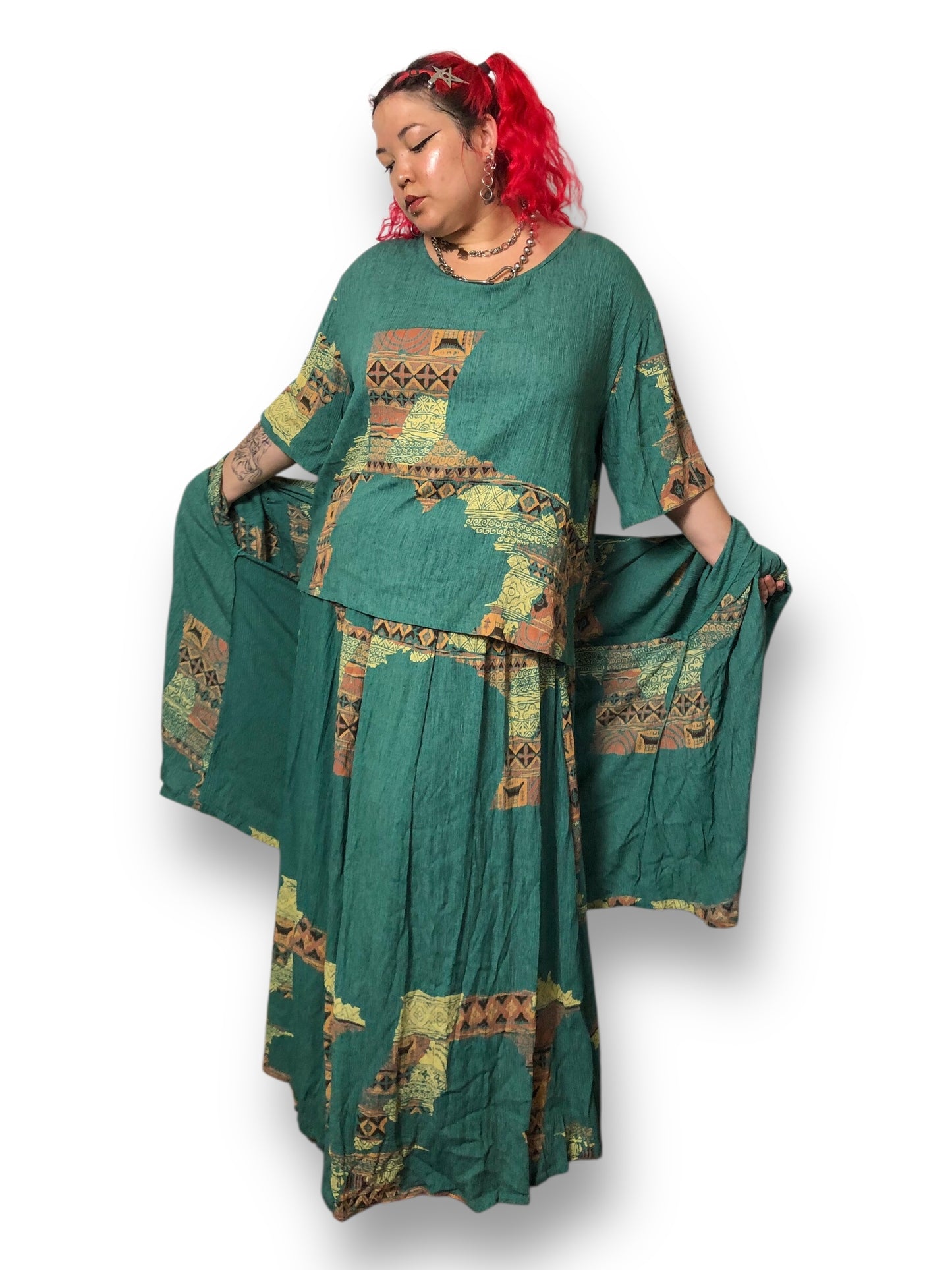 Y2K Simply Southwest Sea Green Retro Patterned 3-Piece Set (2X)